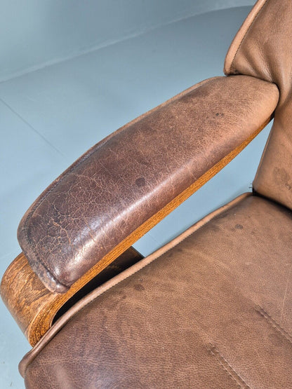 Vintage Danish Lounge Chair Brown Leather Bentwood Reclines Retro EB8783 MBEN - UKDK FURNITURE