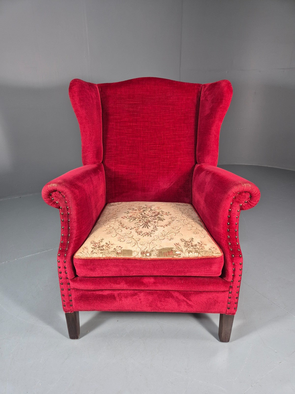 Wing Back Lounge Chair Red Velour Danish 1960s Georgian Style EB10754 VCLO2