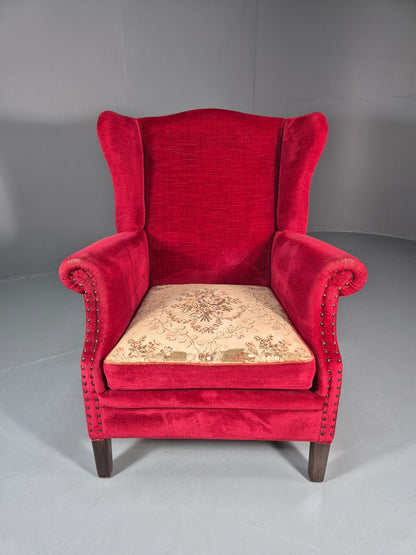 Wing Back Lounge Chair Red Velour Danish 1960s Georgian Style EB10754 VCLO2