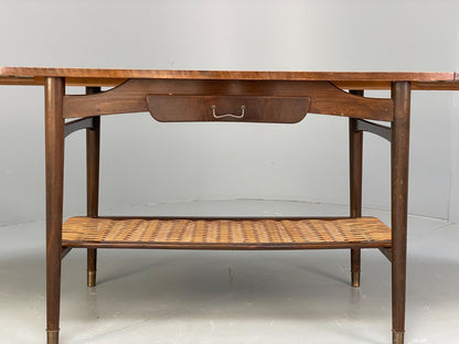 Vintage Walnut Extending Coffee Table Rattan Shelf Drawers 1950s EB9441 MWOO - UKDK FURNITURE