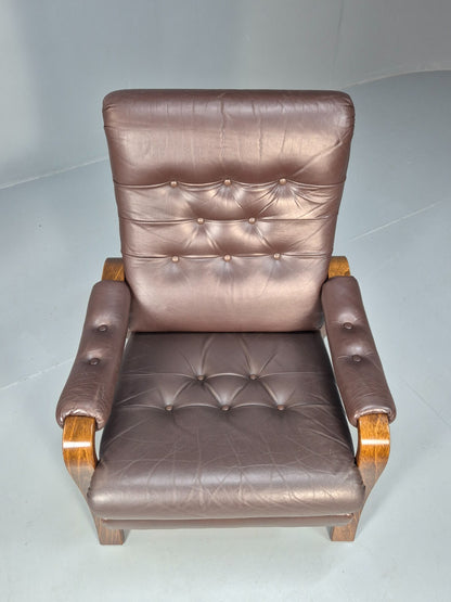 Vintage Danish Brown Leather Lounge Chair Bentwood Frame 1970s Retro EB9287 MNOR - UKDK FURNITURE