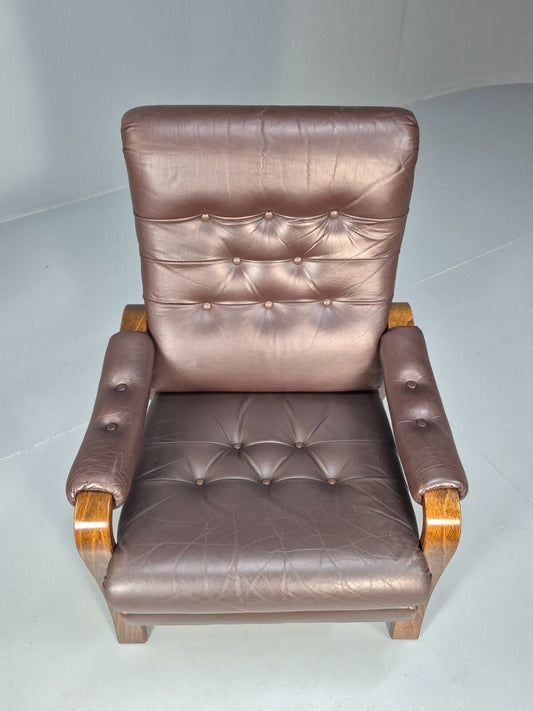 Vintage Danish Brown Leather Lounge Chair Bentwood Frame 1970s Retro EB9287 MNOR - UKDK FURNITURE