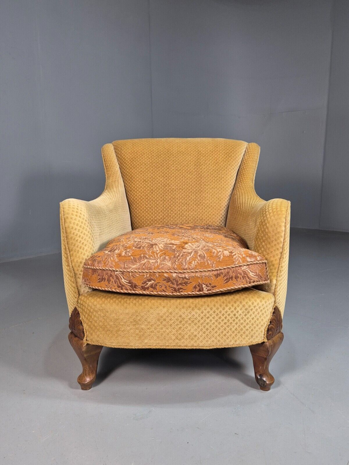 Antique Danish Gold Cotton & Mahogany Armchair EB8053 VCLO - UKDK FURNITURE