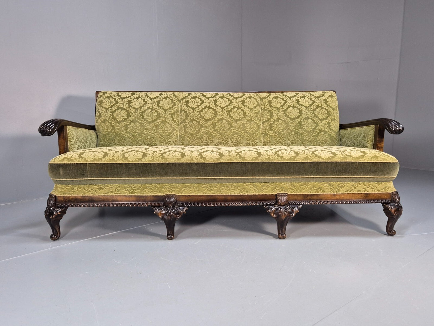 Antique Danish Baroque Style 3 Seat Sofa Green Moquette Carved Wood EB9636 V3SS - UKDK FURNITURE