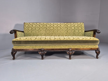 Antique Danish Baroque Style 3 Seat Sofa Green Moquette Carved Wood EB9636 V3SS - UKDK FURNITURE