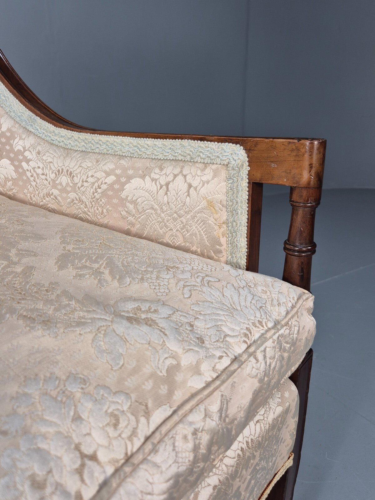 Antique Edwardian Mahogany Armchair Satin Creme Leaf Pattern Fabric EB8446 VCLO - UKDK FURNITURE