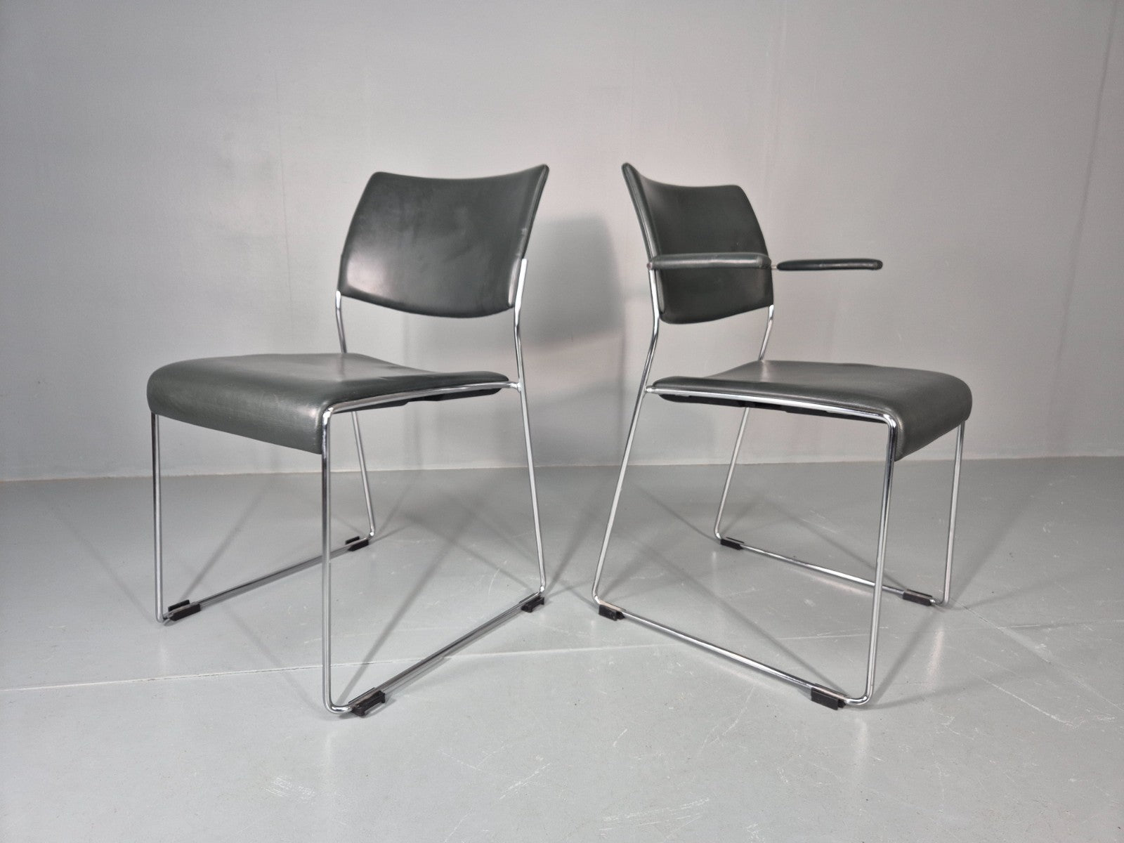 6 Leather Stacking Chairs Brunner Linos Dark Green Chrome Modern EB11735 MSTA2