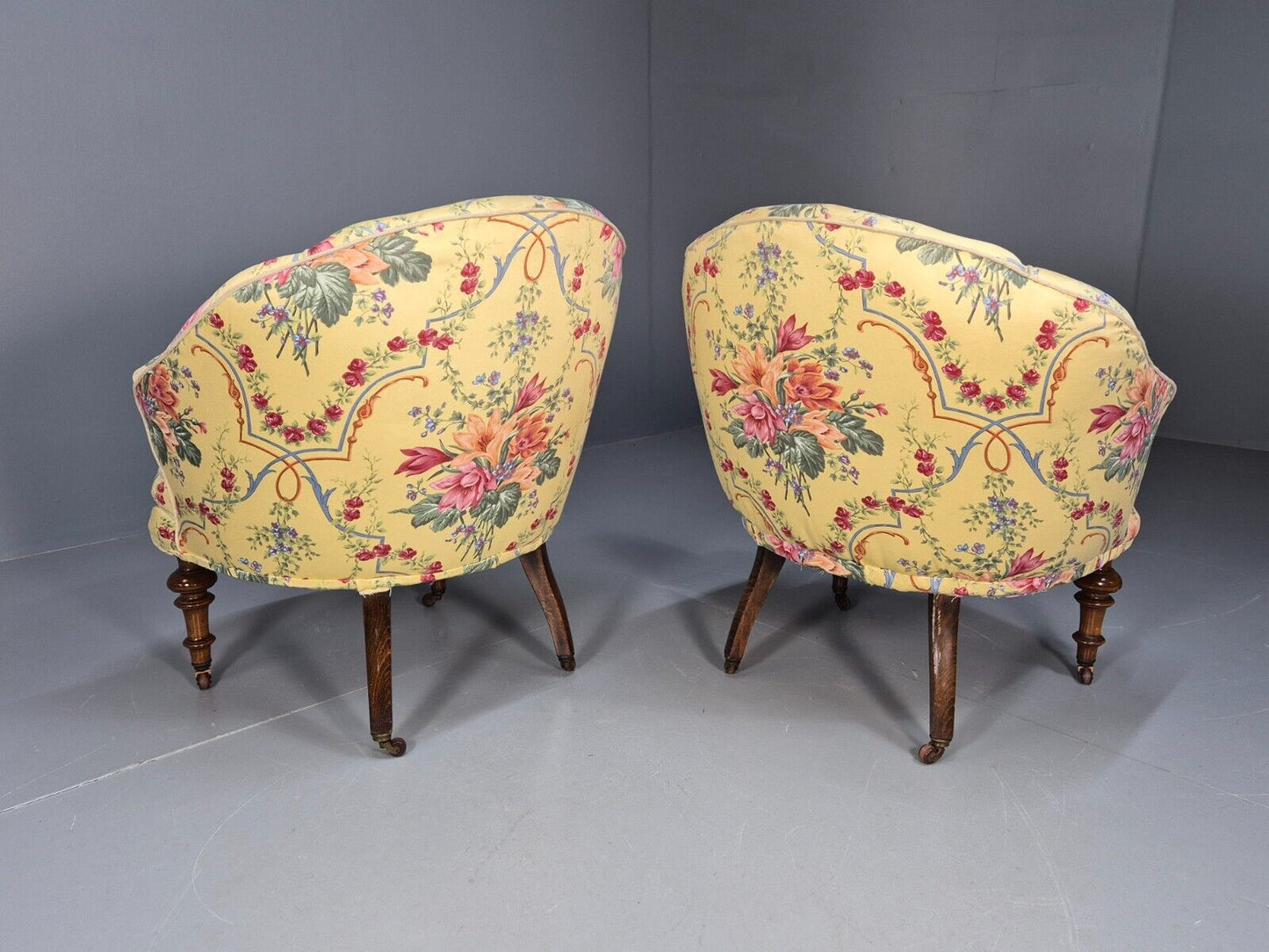 Pair Vintage Danish Floral Print Antique Tub Chairs Walnut Legs EB9012 VCLO - UKDK FURNITURE