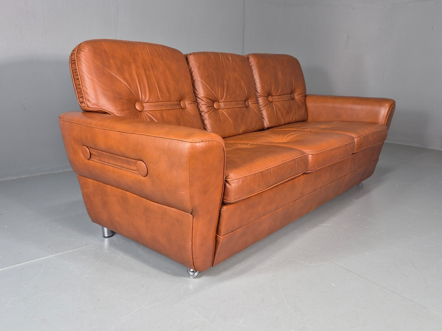 Vintage Danish 3 seater Settee 1970s Danish Tan Leather Retro MCM EB11638 M3SS9