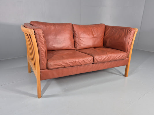 Vintage Stouby 2 Seat Sofa Reddy Brown Leather Beech Ends Retro EB10509 M2SS0