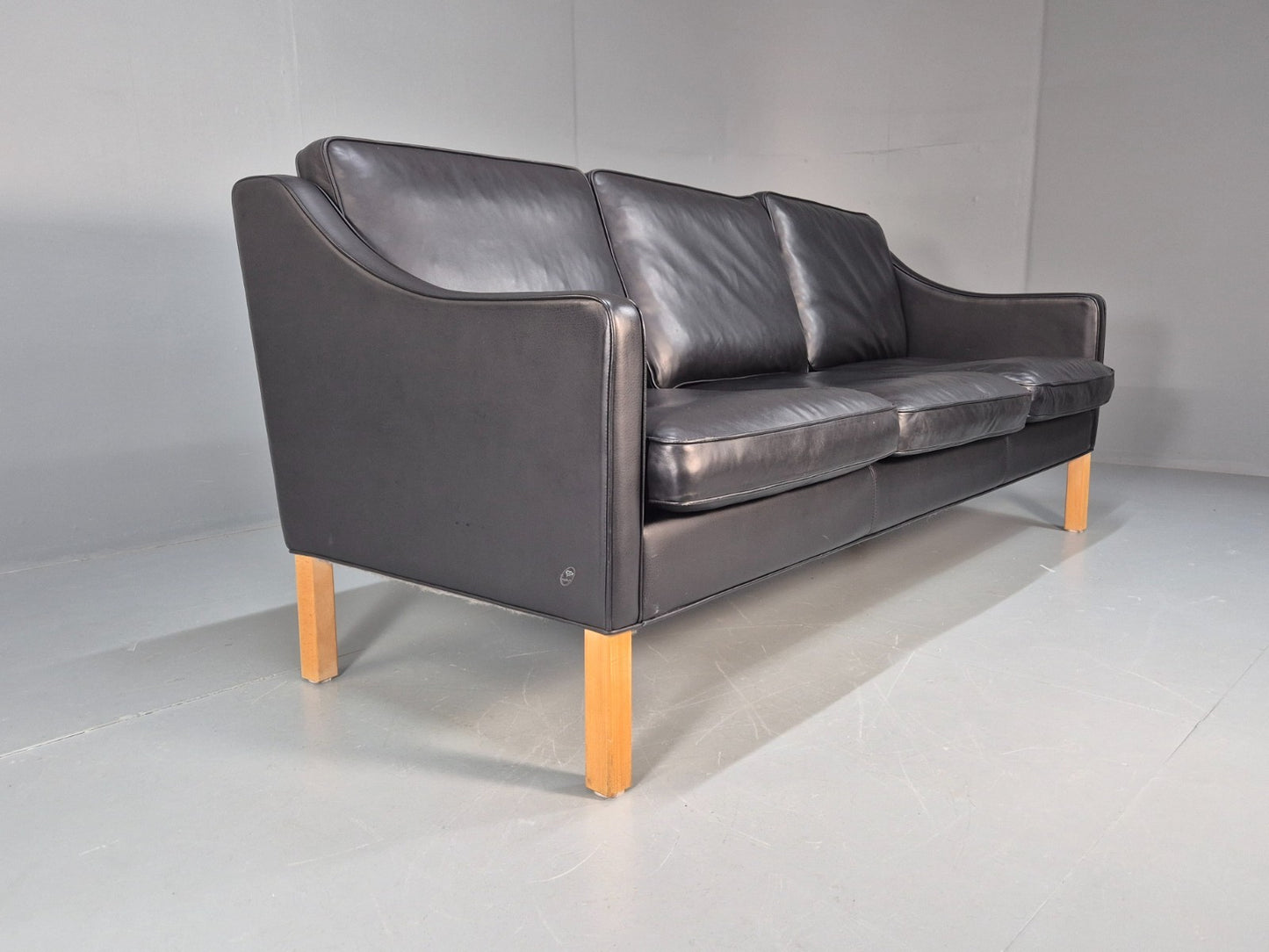 Vintage Hurup Danish 3 Seat Black Leather Sofa Mogensen 1980s Retro EB9966 M3SS9