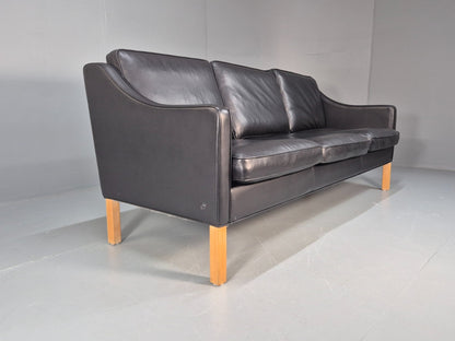 Vintage Hurup Danish 3 Seat Black Leather Sofa Mogensen 1980s Retro EB9966 M3SS9