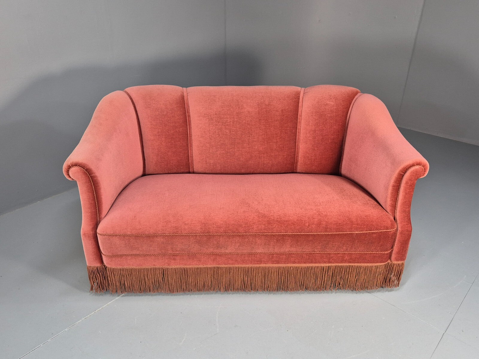 Vintage Art Deco Danish 2 Seat Sofa Pink Velour Tassels 1940s EB9666 V2SS - UKDK FURNITURE