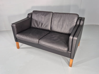 Vintage 2 Seat Sofa Danish Black Leather Mogensen Style Retro 1980s EB10466 M2SS6