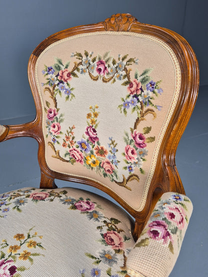 Vintage Armchair Embroidered Floral Pattern Louis XVI Style Beech EB9564 VCLO - UKDK FURNITURE