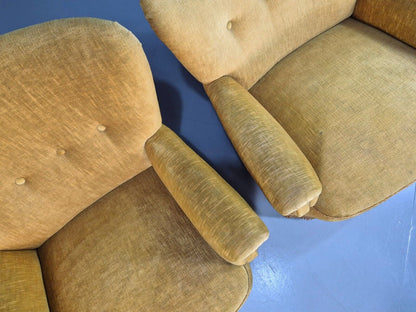 Pair Of Vintage Danish Gold Velour Armchairs Tassels Art Deco Style EB8068 VCLO - UKDK FURNITURE