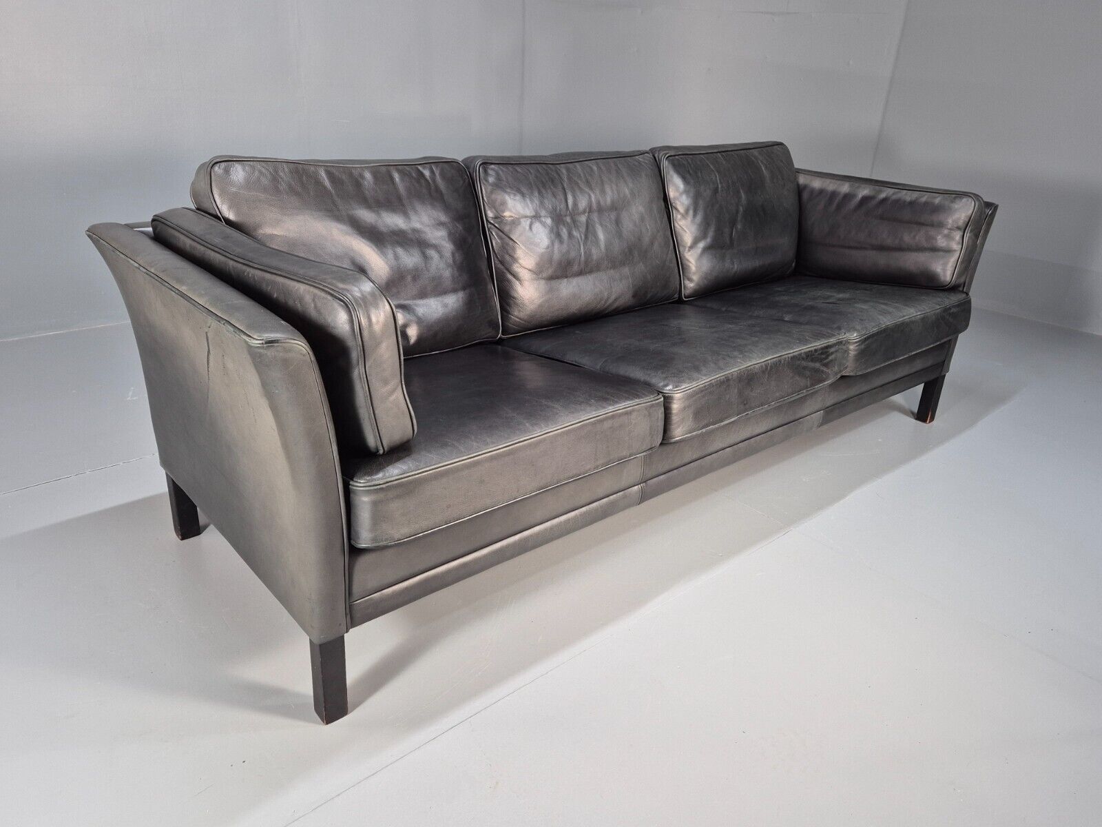 Vintage Danish 3 Seat Sofa Black Leather Mogens Hansen Retro 1970s EB8630 M3SS - UKDK FURNITURE