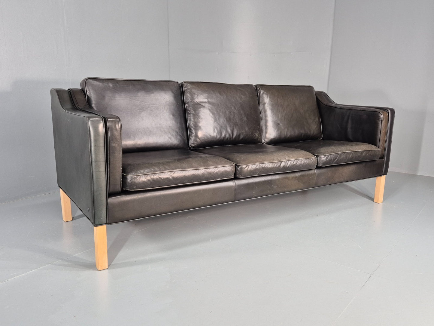 Vintage 3 Seat Sofa Danish Hurup Black Leather Retro MCM 1980s EB10472 M3SS0
