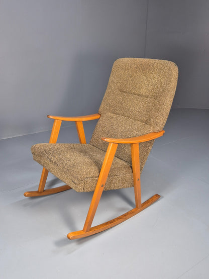 Mid Century Rocking Chair Olive Brown Wool Fabric Beech Frame 1950s EB9595 MNOR - UKDK FURNITURE