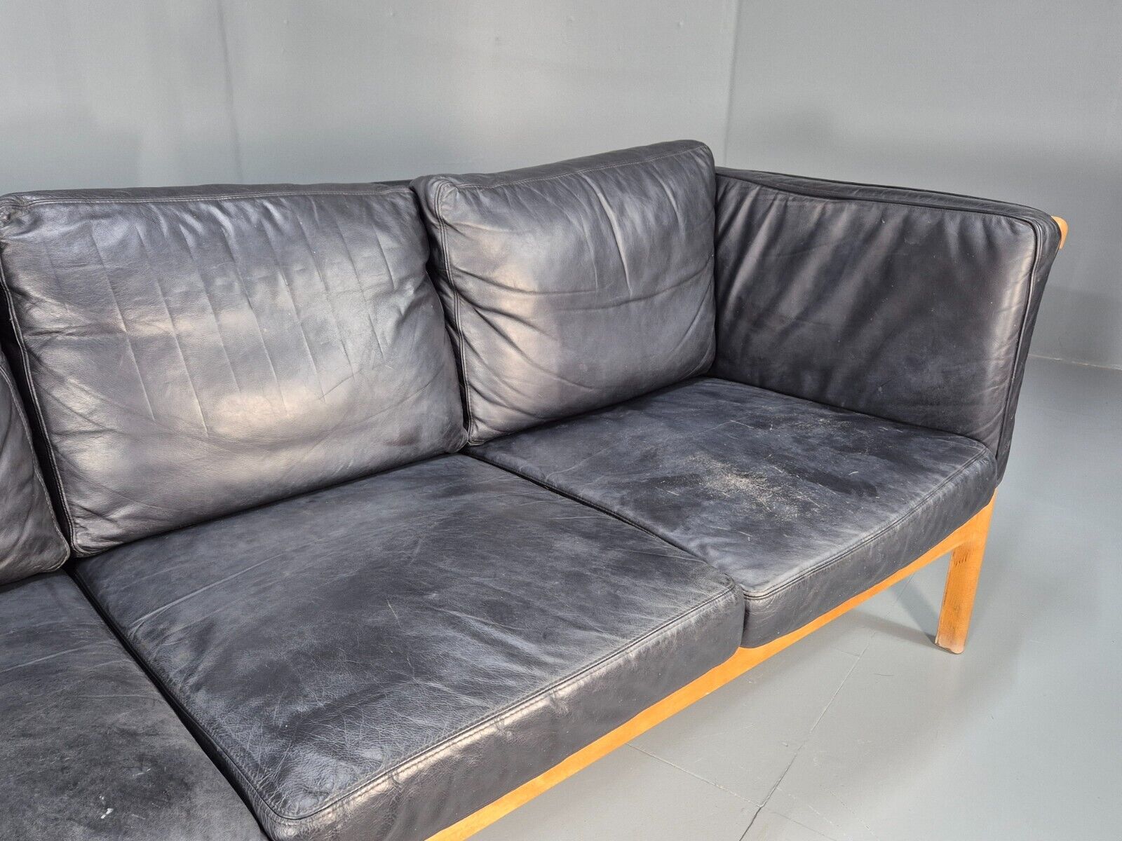 Vintage 3 Seat Sofa Black Leather Beech Ends Stouby Retro 1980s MCM EB8593 M3SS - UKDK FURNITURE