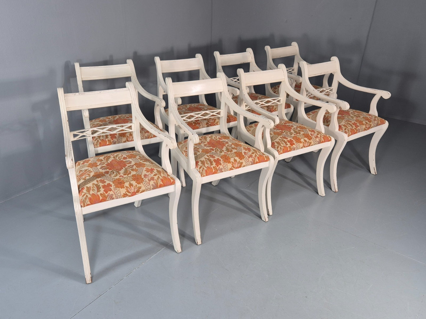8 Regency Style Dining Chairs 1970s Retro Repro Floral Pads Armed EB11035 MDIN0