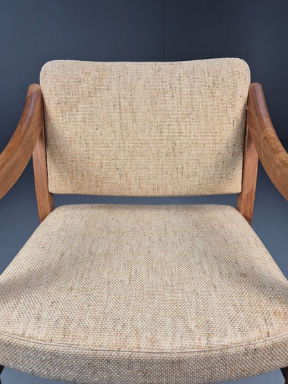 Vintage Danish Elbow Chair Beige Wool Teak Retro MCM 1970s EB9156 MDIN - UKDK FURNITURE