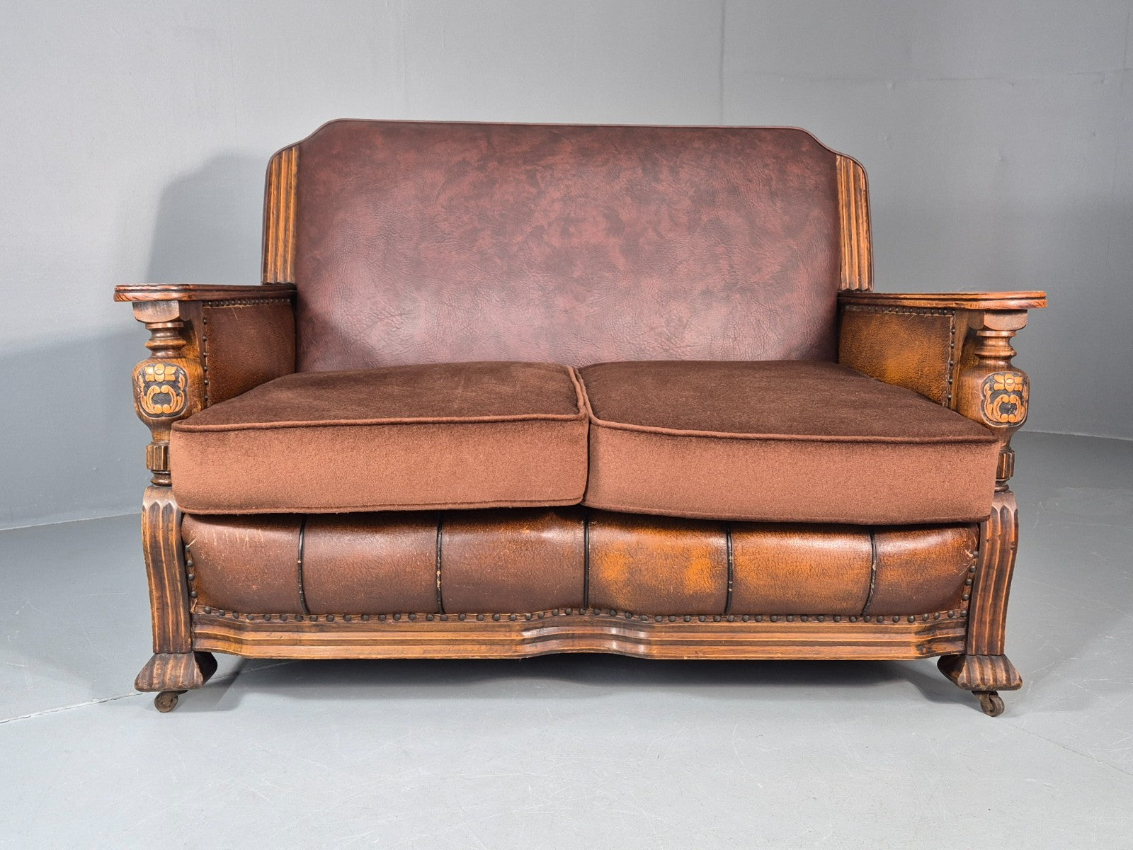 Two Seater Edwardian Sofa Baroque Oak Frame Rexine and Velour EB11265 V2SS4