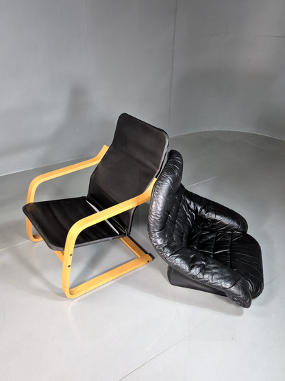 Vintage Danish Lounge Chair Black Leather Bentwood Frame Retro MCM EB7254 MBEN9