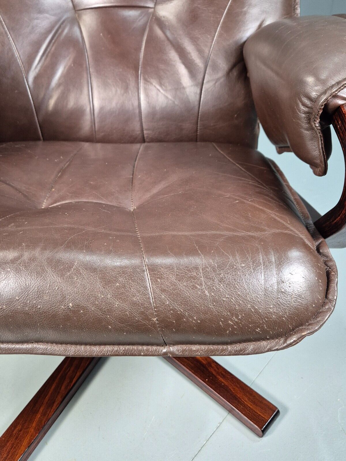Vintage Danish Swivel Lounge Chair Brown Leather Bentwood 1980 Retro EB8269 MSWI - UKDK FURNITURE