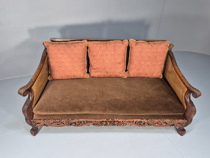 Vintage Danish 1920s Carved Oak Sofa Bergere Brown Velour Antique EB9544 V3SS - UKDK FURNITURE