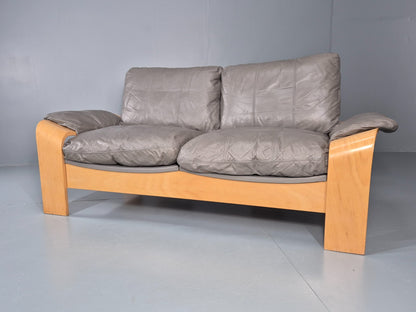 Two Seater Vintage Settee Bentwood and Grey Leather 1980s Retro MCM EB11390 M2SS5