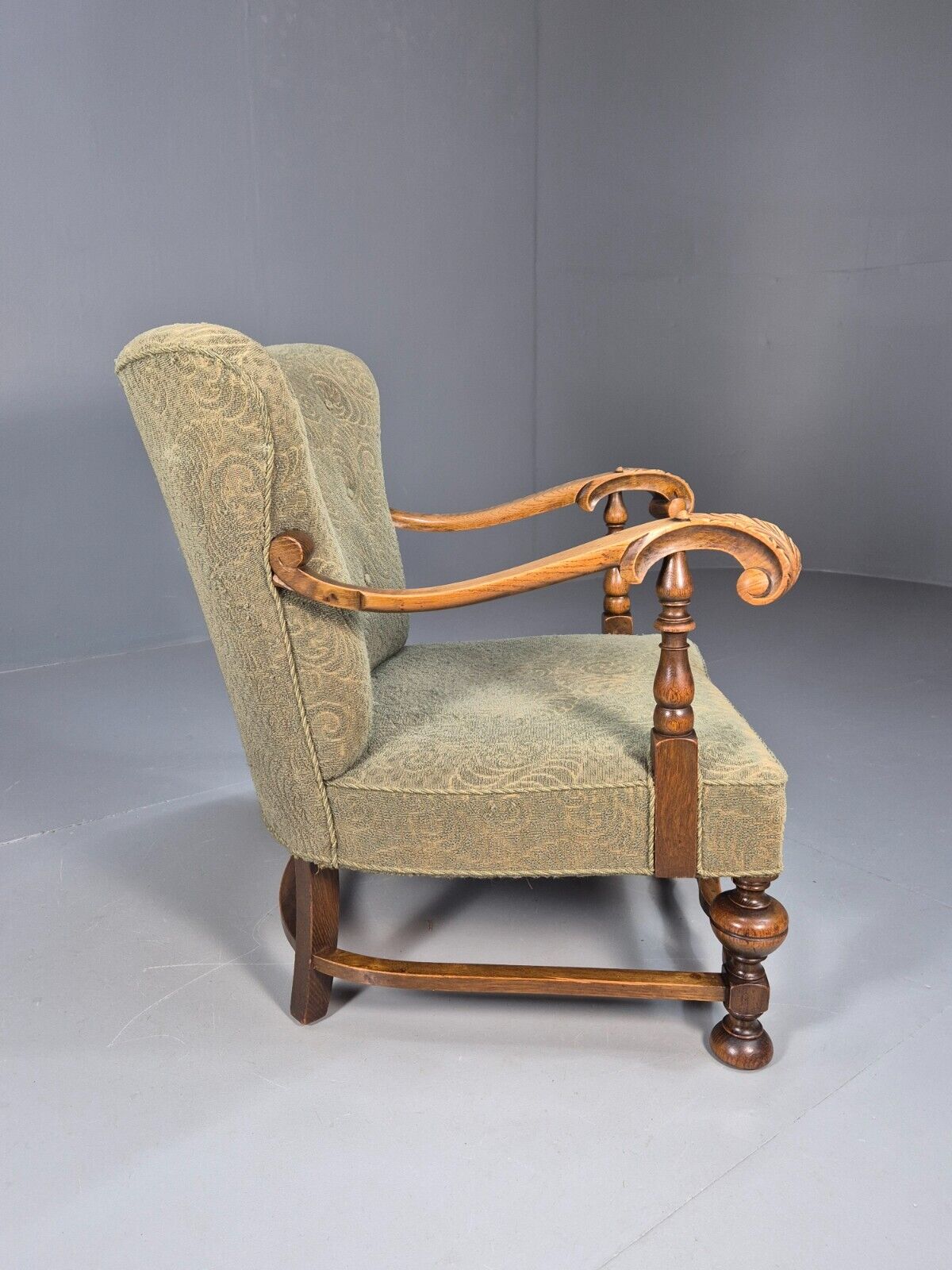 Vintage Danish Lounge Chair Green Moquette Carved Oak Frame 1940s EB8981 VCLO - UKDK FURNITURE