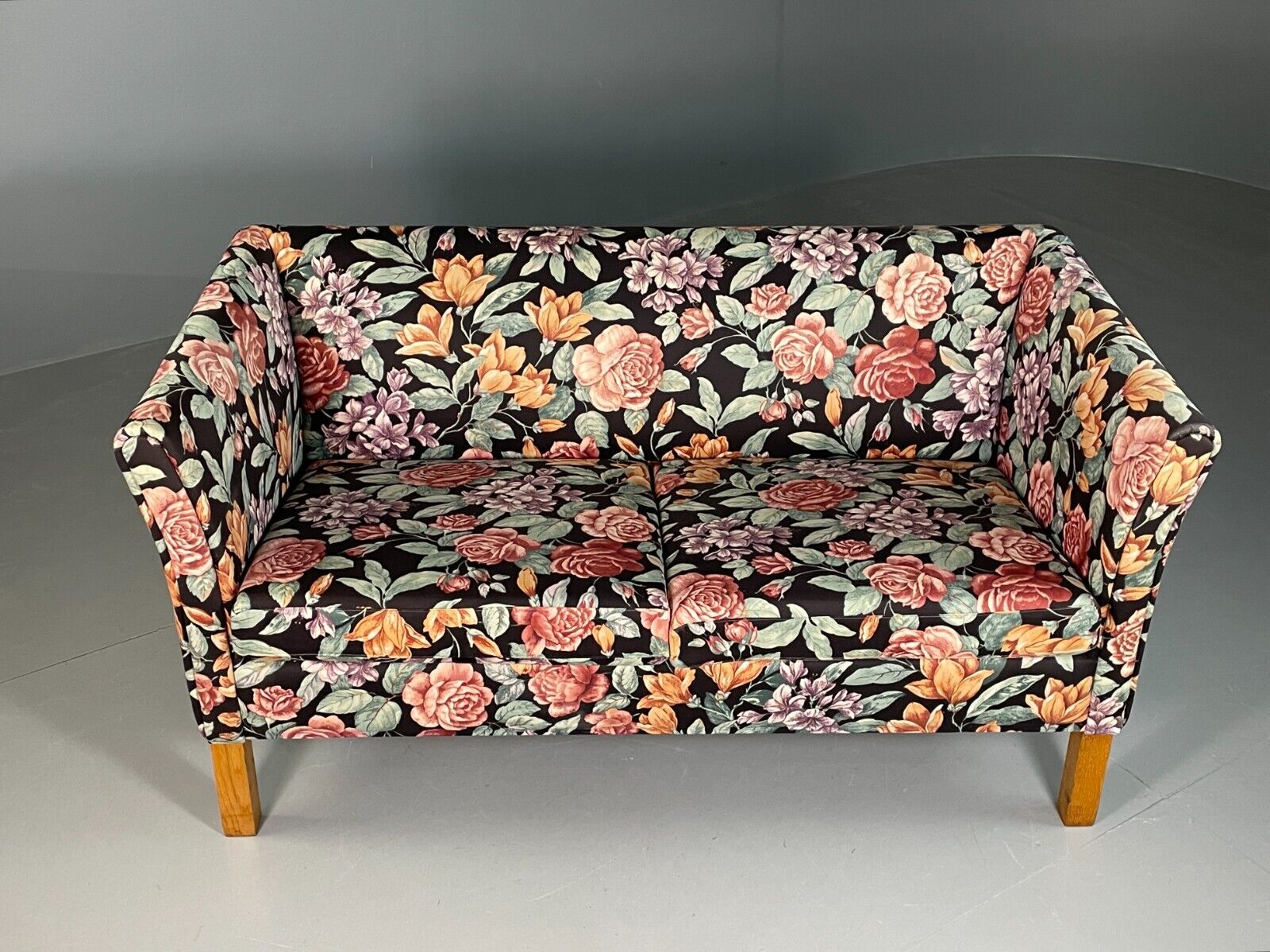 Vintage Danish 2 Seat Sofa Floral Print Oak 1970s Retro Mid Century EB6679 M2SS - UKDK FURNITURE