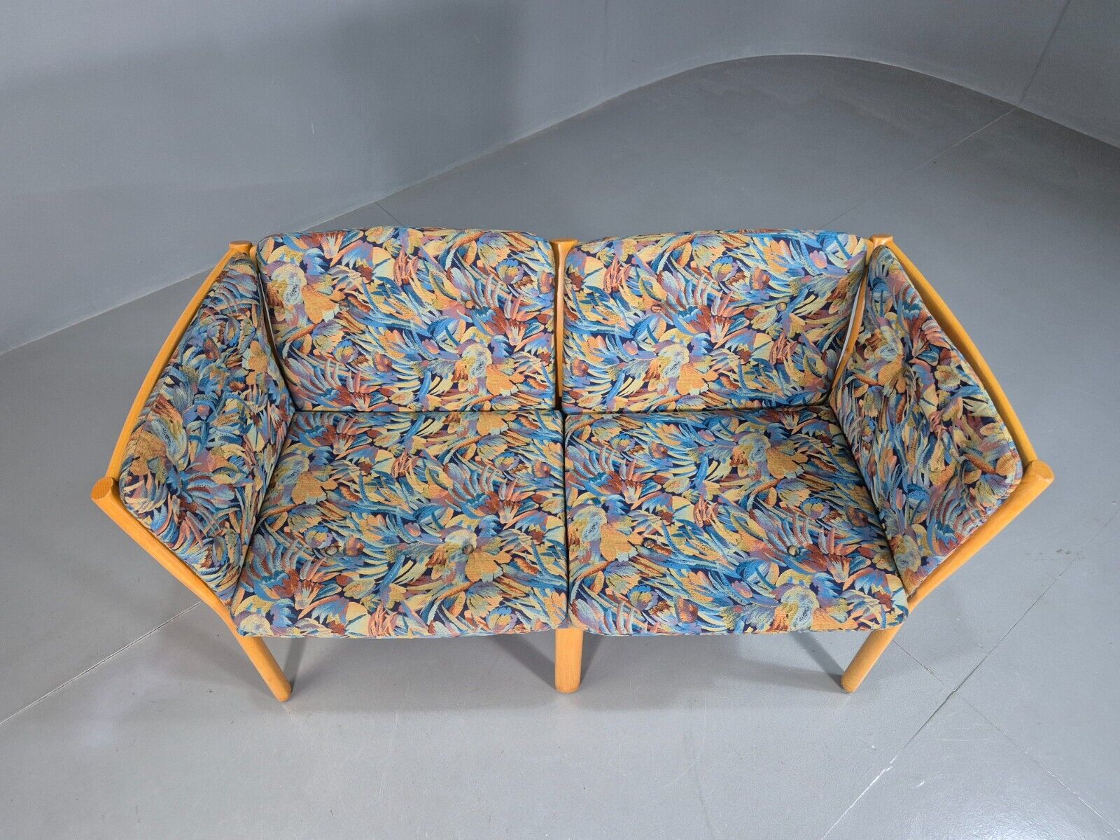 Vintage Danish 2 Seat Sofa Blue Floral Beech Frame 1980s Retro EB7453 M2SS - UKDK FURNITURE