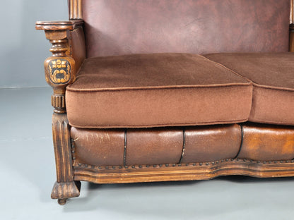 Two Seater Edwardian Sofa Baroque Oak Frame Rexine and Velour EB11265 V2SS2