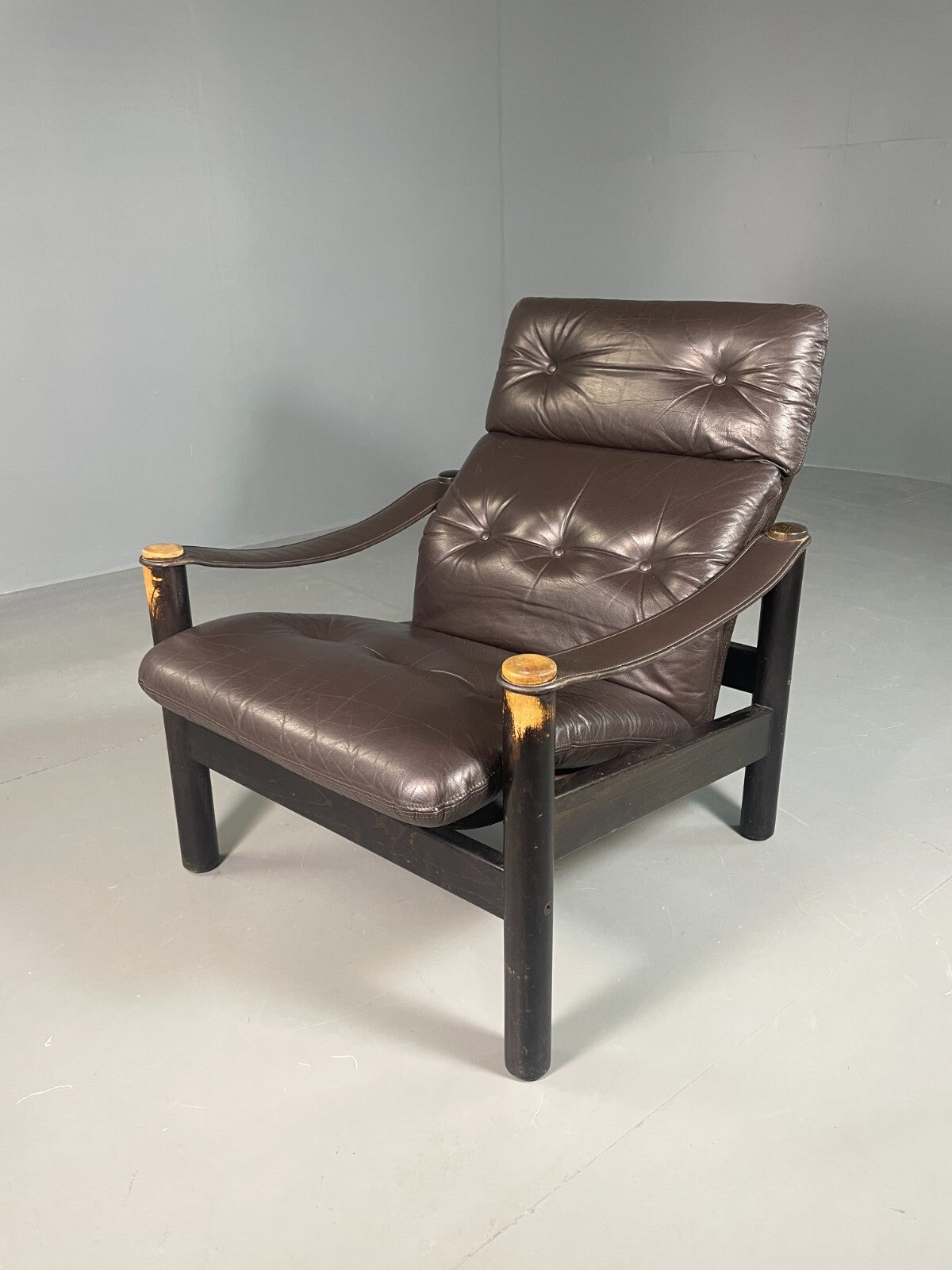 Vintage Danish Lounge Chair Brown Leather Sling Arms Retro MCM EB6867 MNOR16