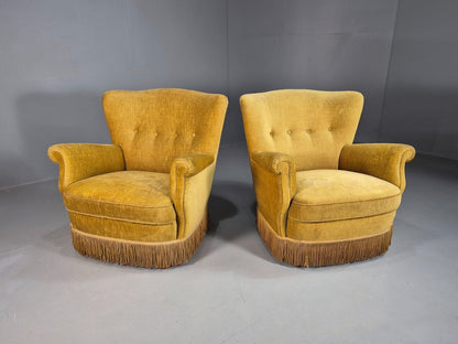 Pair Of Vintage Danish Gold Velour Armchairs Tassels Art Deco Style EB8068 VCLO - UKDK FURNITURE