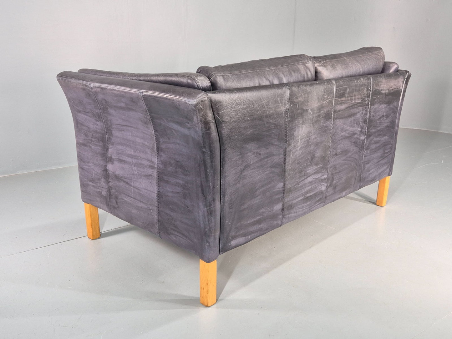 Vintage 2 Seater Sofa Danish Blue Leather Mid Century 1980s Retro EB9069 M2SS15