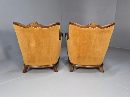 2 Vintage Danish Antique Chairs Gold Velour 1930s Carved Wood EB8969 VCLO - UKDK FURNITURE