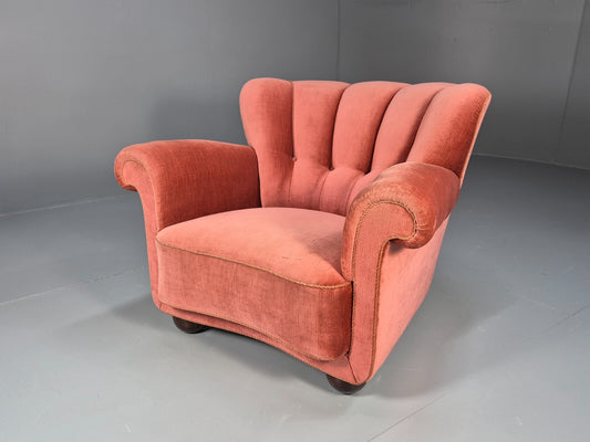 Vintage Danish Art Deco shell back Lounge Chair Pink Velour Bun Feet EB9556 MNOR - UKDK FURNITURE