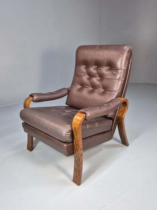 Vintage Danish Brown Leather Lounge Chair Bentwood Frame 1970s Retro EB9287 MNOR - UKDK FURNITURE