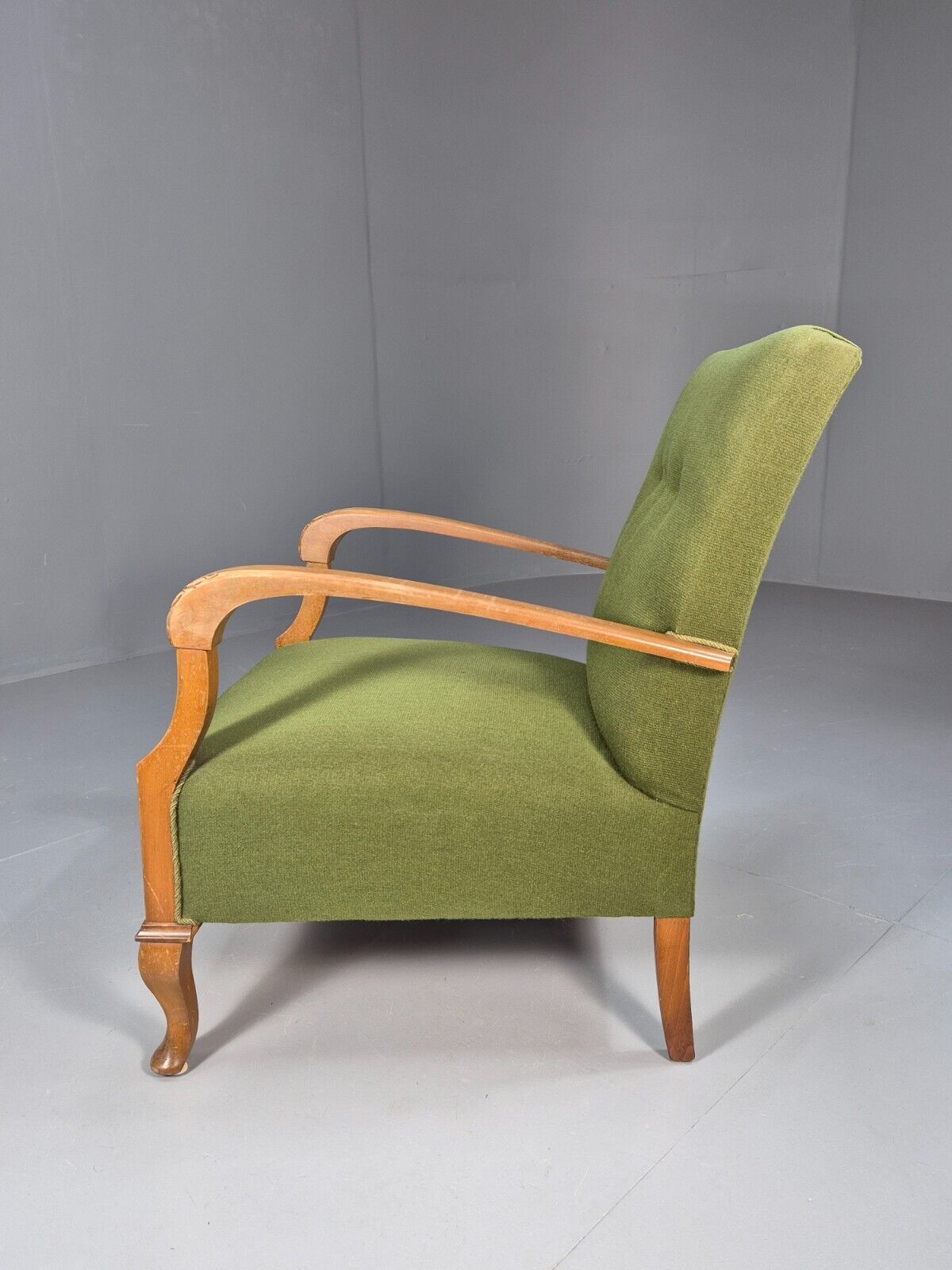 Vintage Danish Lounge Chair Green Wool Wood Arms Art Deco 1950s EB8973 VCLO - UKDK FURNITURE