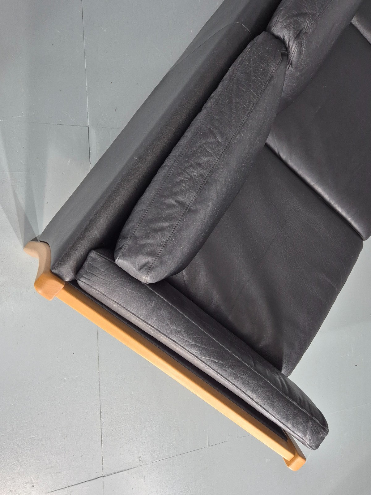 Vintage Stouby 3 Seat Sofa Danish Black Leather Beech End 1980s EB10556 M3SS15