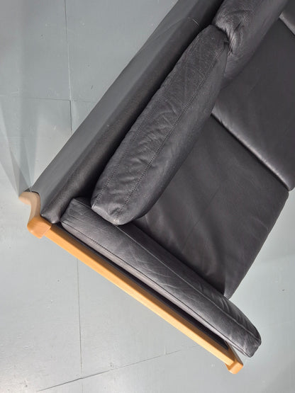 Vintage Stouby 3 Seat Sofa Danish Black Leather Beech End 1980s EB10556 M3SS15