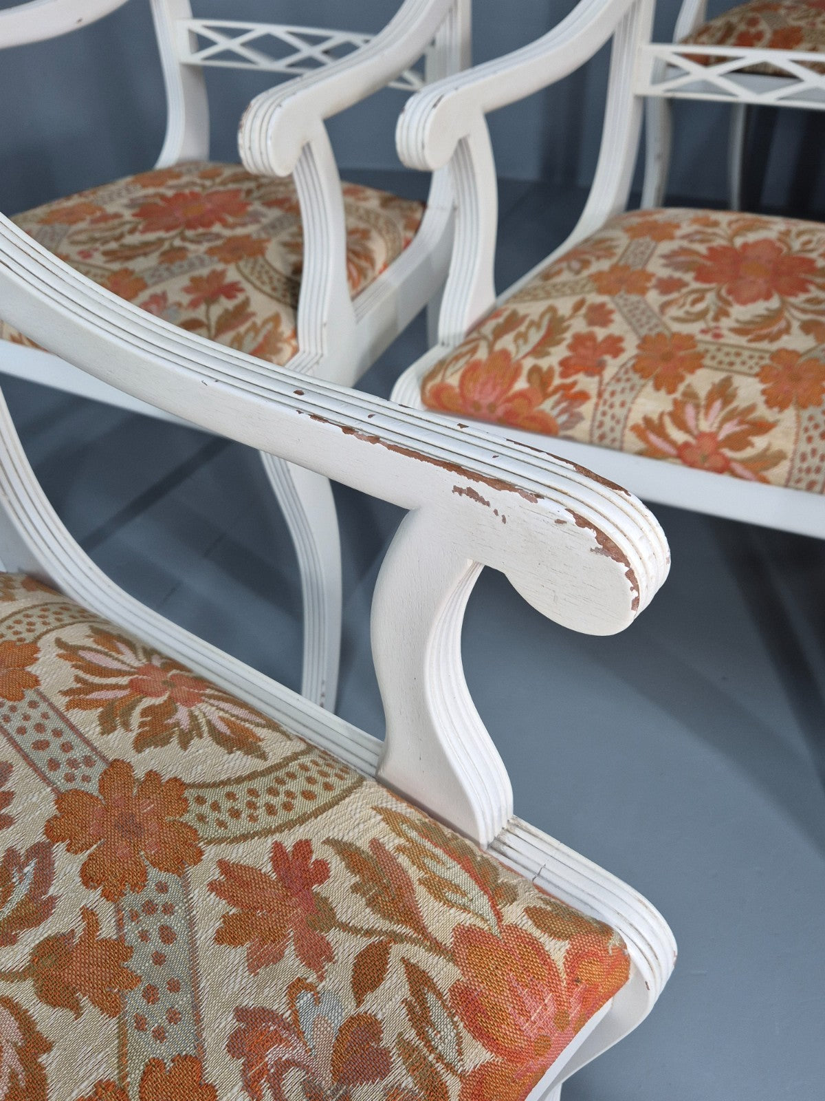 8 Regency Style Dining Chairs 1970s Retro Repro Floral Pads Armed EB11035 MDIN13