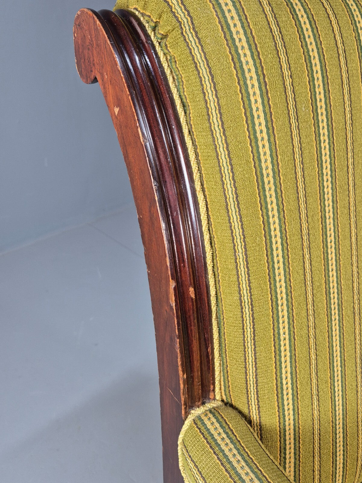 Antique Green Striped Armchair Carved Lion Figures Danish Mahogany EB9626 VCAR - UKDK FURNITURE