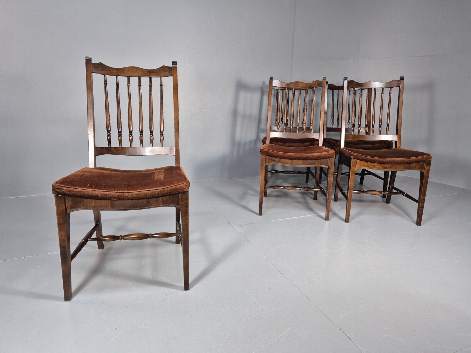 5 Vintage Dining Chairs Brown Velour Mahogany Stag 1970s Retro EB9148 VDIN - UKDK FURNITURE