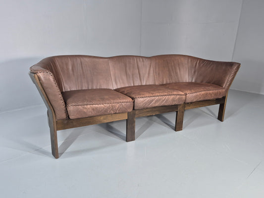3 Seater Vintage Sofa Danish Mid Century Brown Leather 1970s Retro EB11370 M3SS0