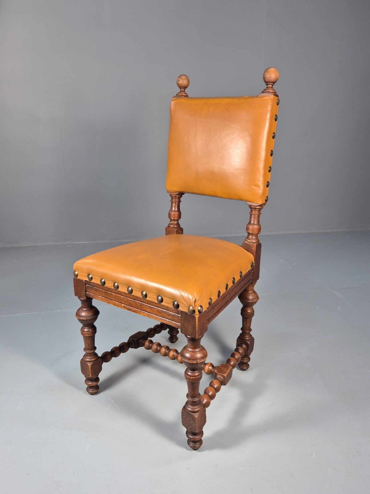 6 Vintage Danish Baroque Style Dining Chairs Tan Leather and Oak 50s EB9747 VDIN - UKDK FURNITURE