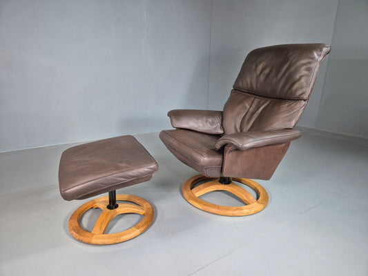 Vintage Danish Swivel Lounge Chair Footstool Brown Leather Retro EB7507 MSWI - UKDK FURNITURE